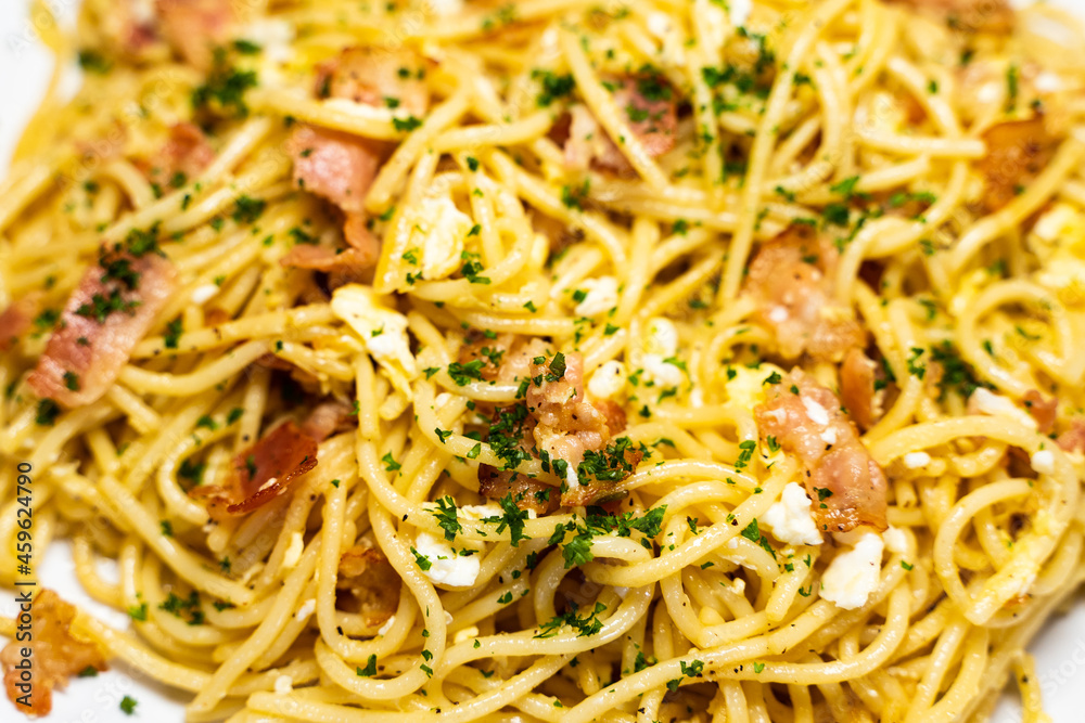 Close up view of a dish of spaghetti carbonara