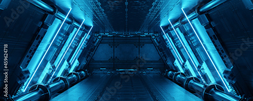 Blue spaceship interior with neon lights on panel walls. Futuristic corridor in space station background. 3d rendering