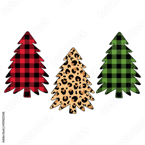 Christmas trees set with Buffalo plaid ornament in red, green and leopard print. Winter forest. Isolated design objects on a white background.