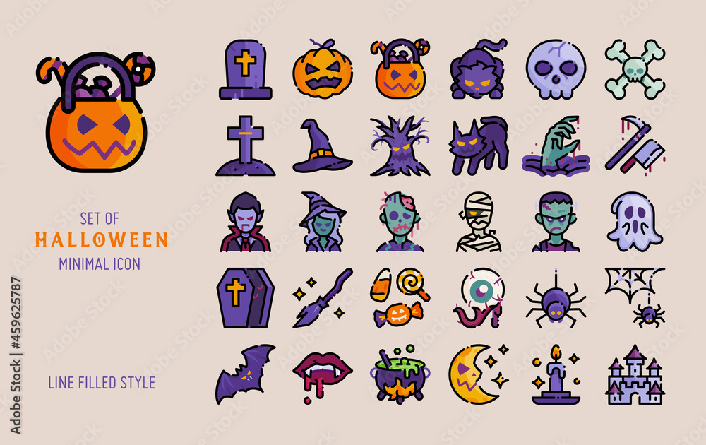 Fototapeta premium halloween line filled icon style vector set. Spooky and horror scary concept celebration isolated on dark background