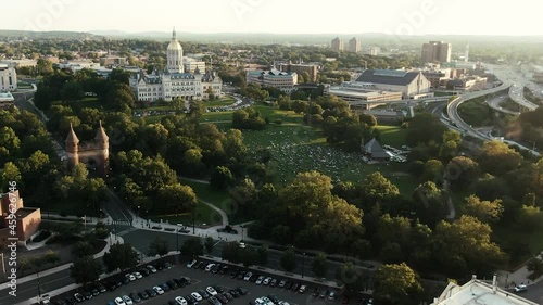 Aerial at Bushnell park with show at Performance Pavillion during sunset photo