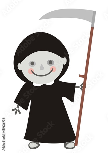 Grim reaper with scythe isolated on white background. Halloween skeleton death costume vector, carnival mask, girl, cute vector illustration