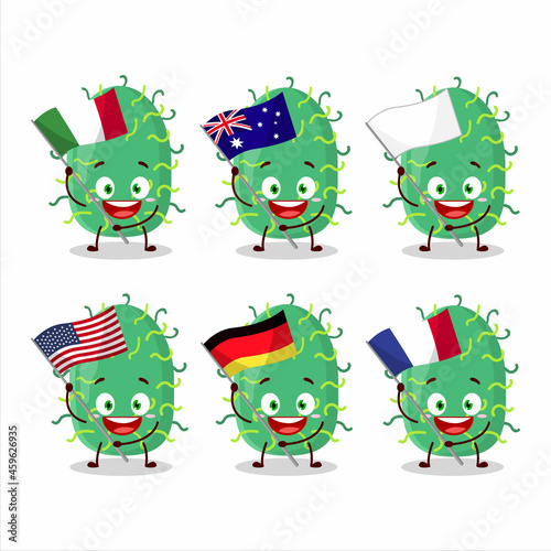 Zygote virus cartoon character bring the flags of various countries