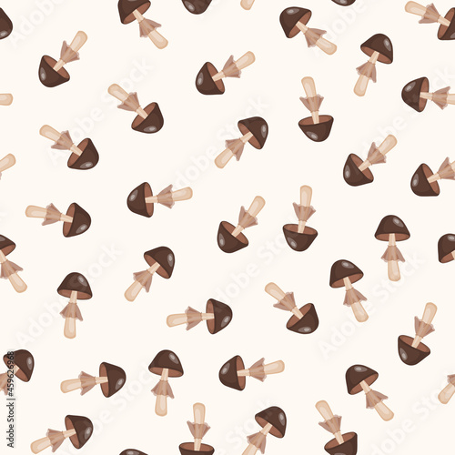 Seamless pattern with mushrooms on white background. Cute fairy mushroom. Modern vector illustration for packaging, banner, card, fabric, other design. Food concept