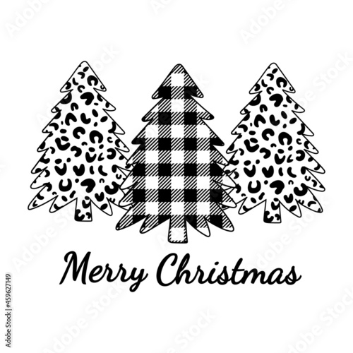 Merry Christmas Leopard print and Buffalo plaid ornament. Christmas trees with leopard print and buffalo plaid patterns. Winter forest. Isolated design objects on a white background.