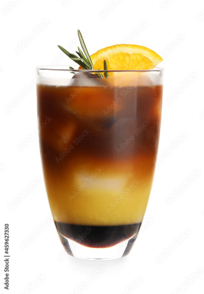 Glass of tasty coffee with orange juice on white background Glass of tasty coffee with orange juice on white background
