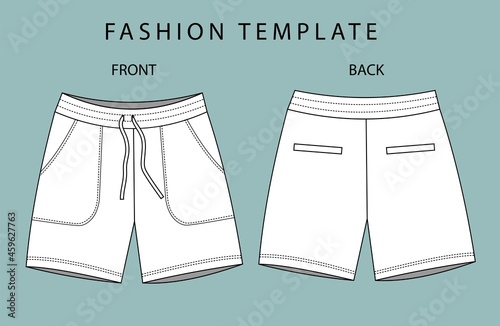 short fashion flat sketch template, Bermuda Shorts Template, Vector Illustration of pant, Men's fashion shorts front and back view