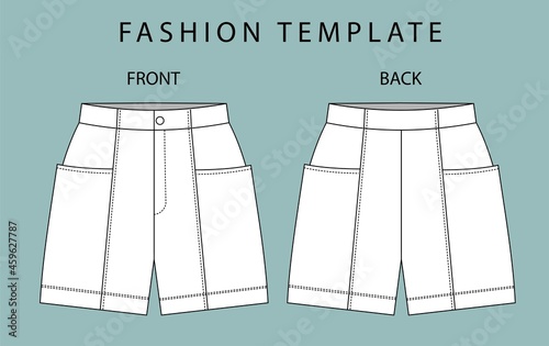 short fashion flat sketch template, Bermuda Shorts Template, Vector Illustration of pant, Men's fashion shorts front and back view