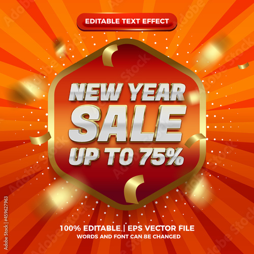 New year sale badge super red gold glossy 3d editable text effect