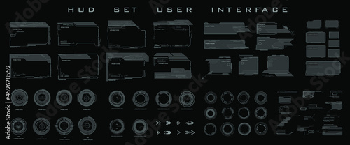 Big set frames, dialog boxes, targets, futuristic elements for navigating the game interface. Set futuristic HUD frames and titles, UI UX for HUD UI or video game elements