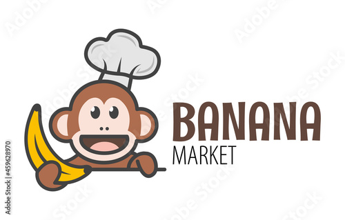 A cute monkey is holding a banana. Logo for the banana market. Funny icon with a ape.