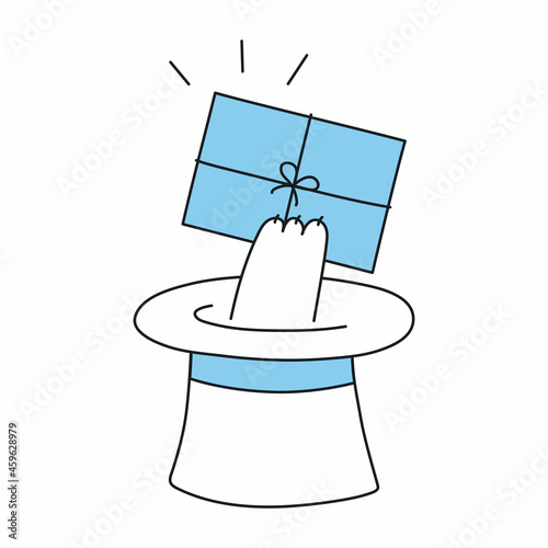 Magic hat and cat's paw with a gift package. Circus magician, magic trick, witchcraft or conjure money, special offer concept. Thin line funny elegance vector illustration on white.
