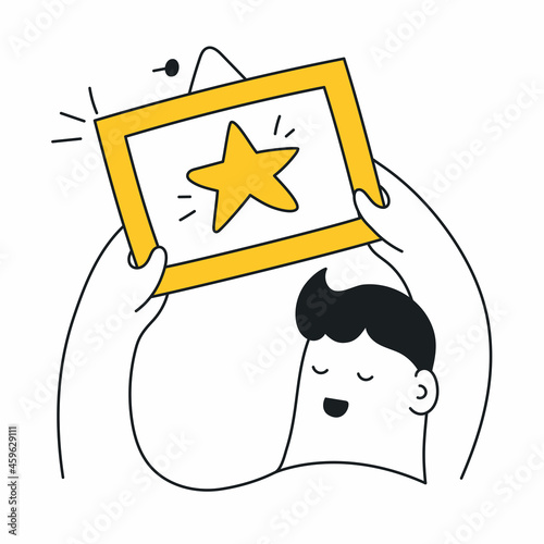 A cute cartoon man hangs a frame with an award on the wall. Pride, well-deserved award, certificate, or honors degree concept. Thin line yellow vector illustration on white.