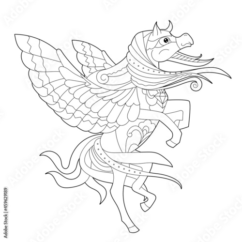 Fancy pegasus on white background. Contour illustration for coloring book with fantasy horse. Anti stress picture. Line art design for adult or kids in zentangle style, tattoo and coloring page.