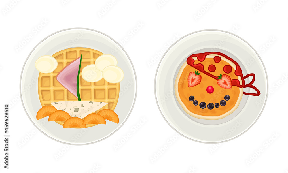 Creative pancakes and waffles served on plates set. Serving Ideas for healthy breakfast for kids cartoon vector illustration Creative pancakes and waffles served on plates set. Serving Ideas for healthy breakfast for kids cartoon vector illustration