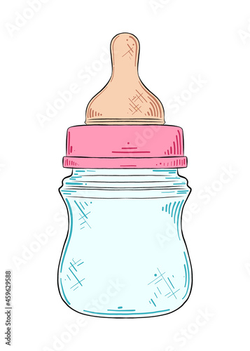 Vector engraved style children illustration for posters, decoration and newborn print. Hand drawn sketch of baby nipple bottle isolated on white background. Detailed vintage etching style drawing.