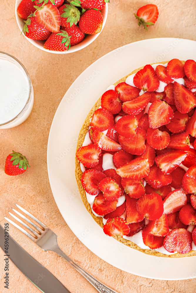 Sweet strawberry pie on color background