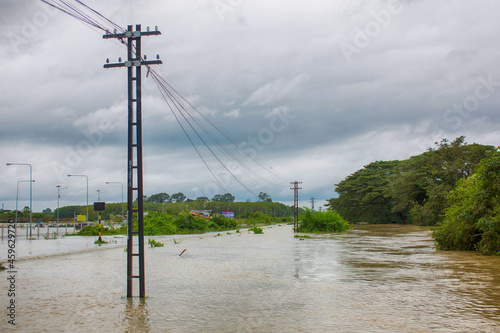 power lines on the river bank