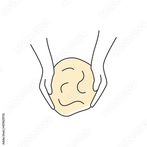 Kneading dough outline icon. Hands and batter. Homemade bakery. Making sourdough bread preparation step. Instruction for baking recipe. Flat vector cartoon illustration.