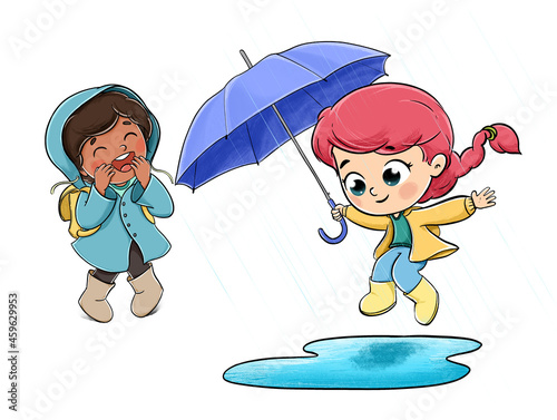 Fototapeta Naklejka Na Ścianę i Meble -  Girls playing in the rain jumping in a puddle
