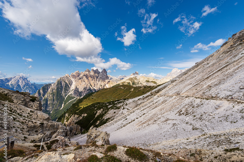 Sesto Dolomites from Tre Cime di Lavaredo. Peaks of Picco di Vallandro, Monte Rudo, Croda dei Rondoi, Torre dei Scarperi, Cima Piatta Alta. UNESCO world heritage site, Trentino-Alto Adige, Italy.