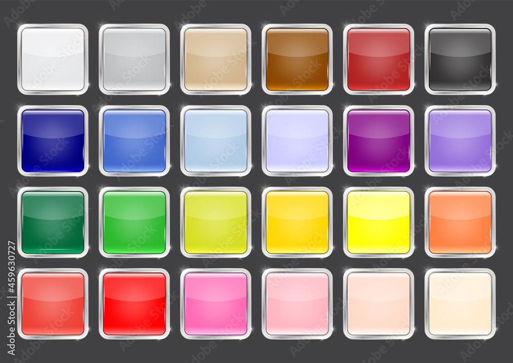 Multicolored glossy square button with silver frame vector illustration