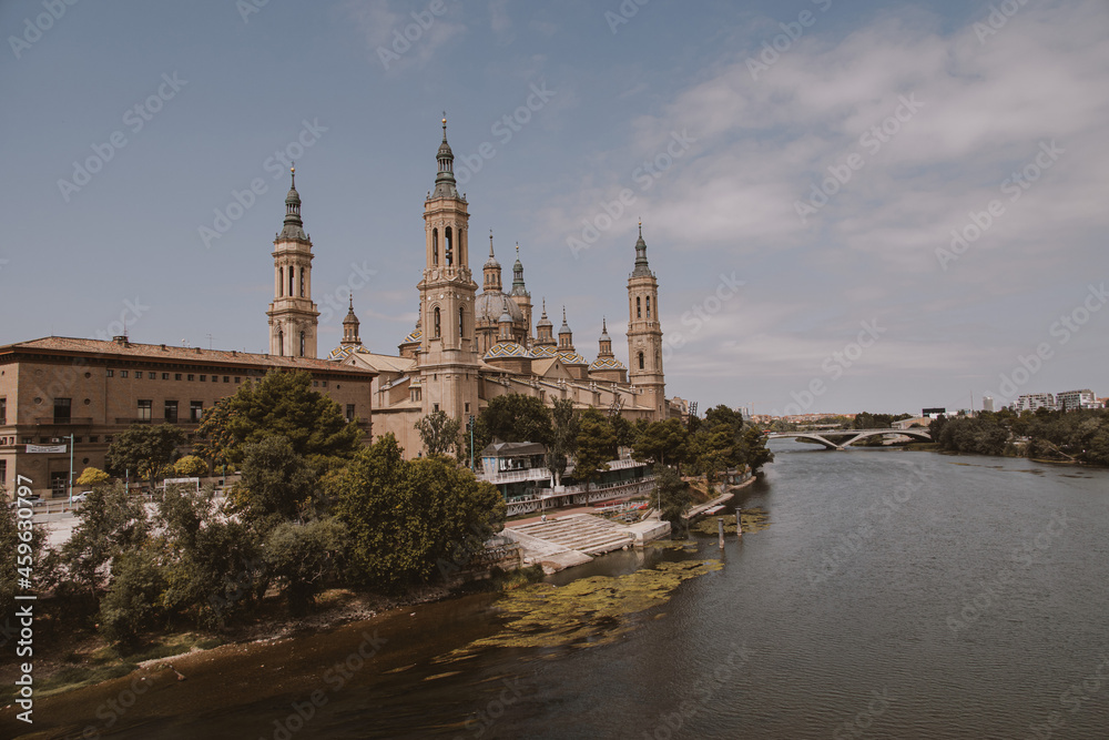 beautiful landscape Nuestra Señora del Pilar Cathedral Basilica view from the Ebro River i