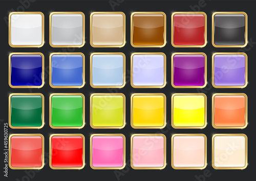 Multicolored glossy square button with gold frame vector illustration