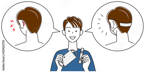マスクストラップを紹介している男性 マスクのゴム紐で耳の後ろ側が痛い時の対策 イラスト ベクター