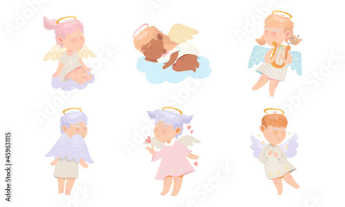 Baby angels set. Adorable lovely cupidons with nimbus and wings cartoon vector illustration