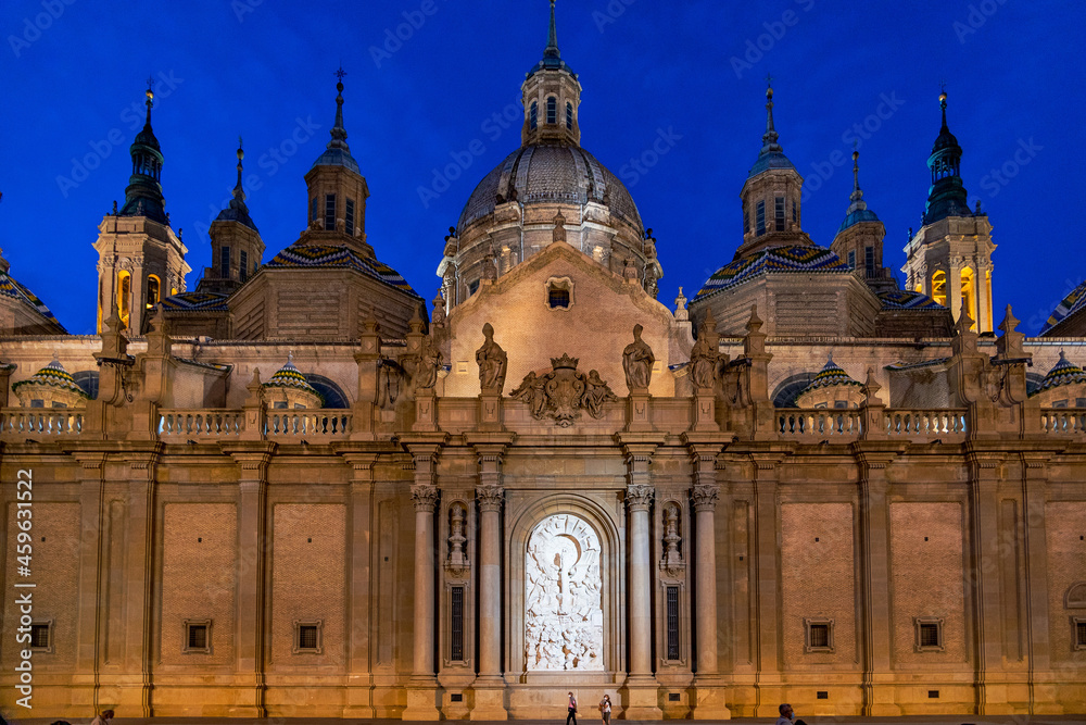 historic cathedral Zaragoza at night and summer evening