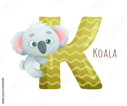 K letter and cute koala baby animal. Zoo alphabet for children education, home or kindergarten decor cartoon vector illustration