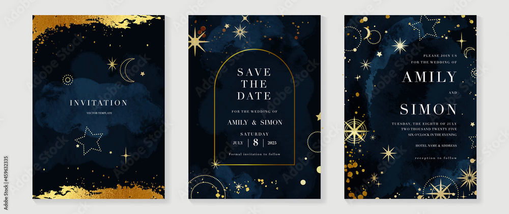 Star and moon themed wedding invitation vector template collection. Gold and luxury save the dated card with watercolor and gold sparkles and brush texture. Starry night cover design background. - obrazy, fototapety, plakaty 