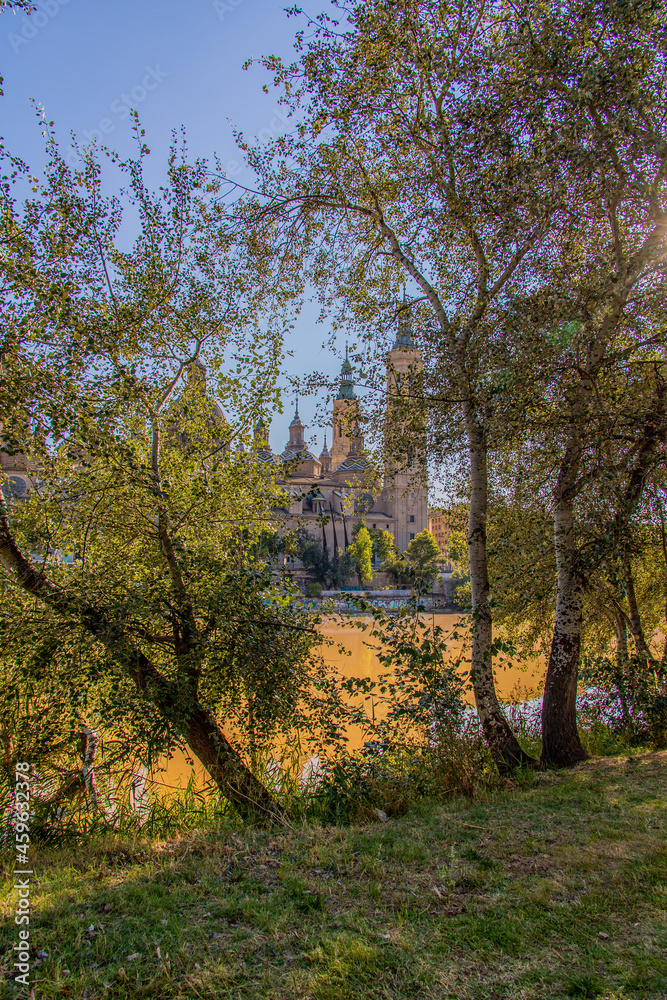 September autumn view of the cathedral and the river in Zaragoza in Spain on a warm sunny day