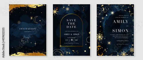 Star and moon themed wedding invitation vector template collection. Gold and luxury save the dated card with watercolor and gold sparkles and brush texture. Starry night cover design background.