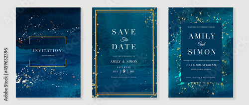 Star and moon themed wedding invitation vector template collection. Gold and luxury save the dated card with watercolor and gold sparkles and brush texture. Starry night cover design background.