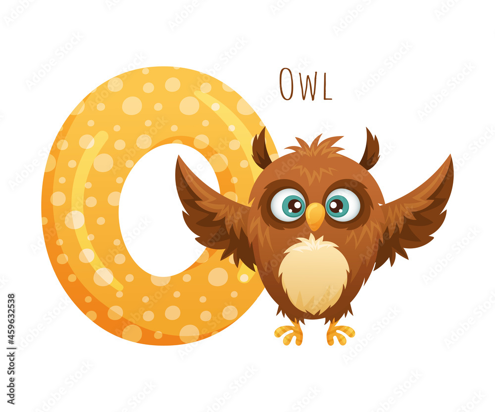 O letter and cute owlet baby animal. Zoo alphabet for children education, home or kindergarten decor cartoon vector illustration