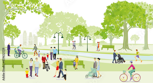 Erholung mit Familie im Park, laufen und radfahren, Illustration