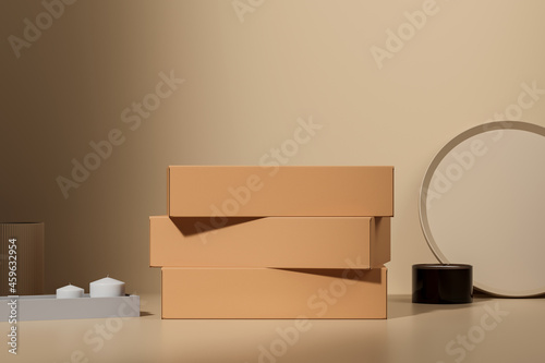 Three closed cardboard boxes on a beige background. Minimalism. The concept of registration of packaging of an order or a gift. Mock Up. 3d rendering.