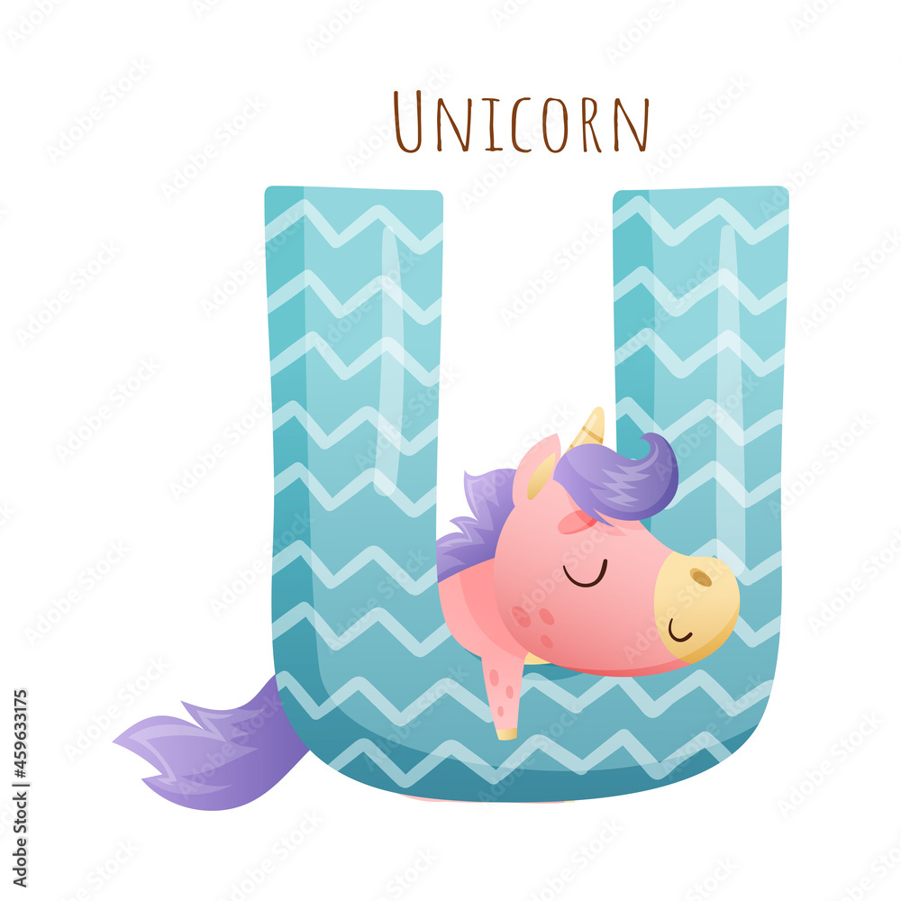 U letter and cute unicorn baby animal. Zoo alphabet for children education,  home or kindergarten decor cartoon vector illustration Stock Vector | Adobe  Stock