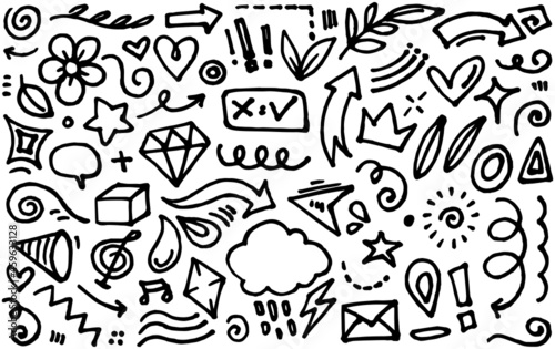 Abstract arrows  ribbons  crowns  hearts  explosions and other elements in hand drawn style for concept design. Doodle illustration. Vector template for decoration