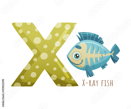 X letter and cute X-ray fish baby animal. Zoo alphabet for children education, home or kindergarten decor cartoon vector illustration