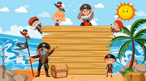 Empty wooden board with many pirate kids cartoon character at the beach