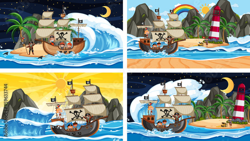 Set of different beach scenes with pirate ship and pirate cartoon character