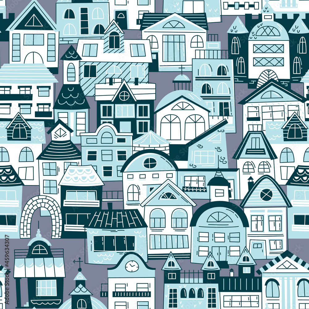 Old town at night - vector seamless pattern in scandinavian style. Repeating pattern for fabric, textile, wallpaper, posters, gift wrapping paper, napkins, tablecloths. Print for kids, children. 