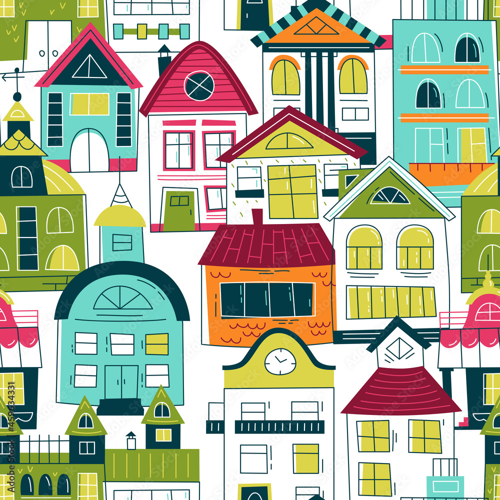 Old town at night - vector seamless pattern in scandinavian style. Repeating pattern for fabric, textile, wallpaper, posters, gift wrapping paper, napkins, tablecloths. Print for kids, children. 