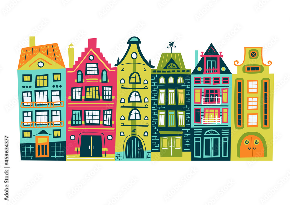 Old town, Europe - vector print, illustration, pattern in hand drawing style 