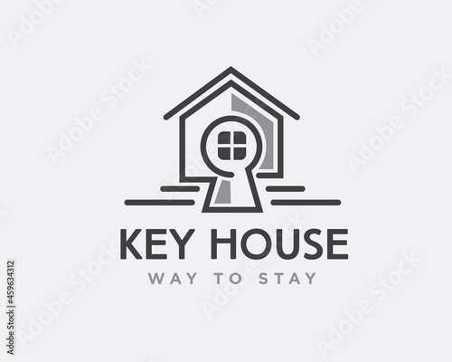 modern simple elegant line art house home key hole real estate logo template illustration