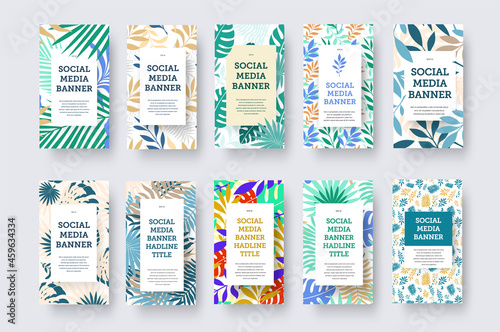 Vector vertical social media banner with geometric element for text, colorful tropical, exotic leaves, palm, monstera.