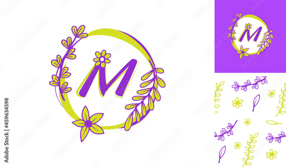 Beautiful Flower Logo using letter M with leafs, flowers and stem for Boutique, women, girl, lady, makeup, beauty brands with a pattern for branding designs Beautiful Flower Logo using letter M with leafs, flowers and stem for Boutique, women, girl, lady, makeup, beauty brands with a pattern for branding designs